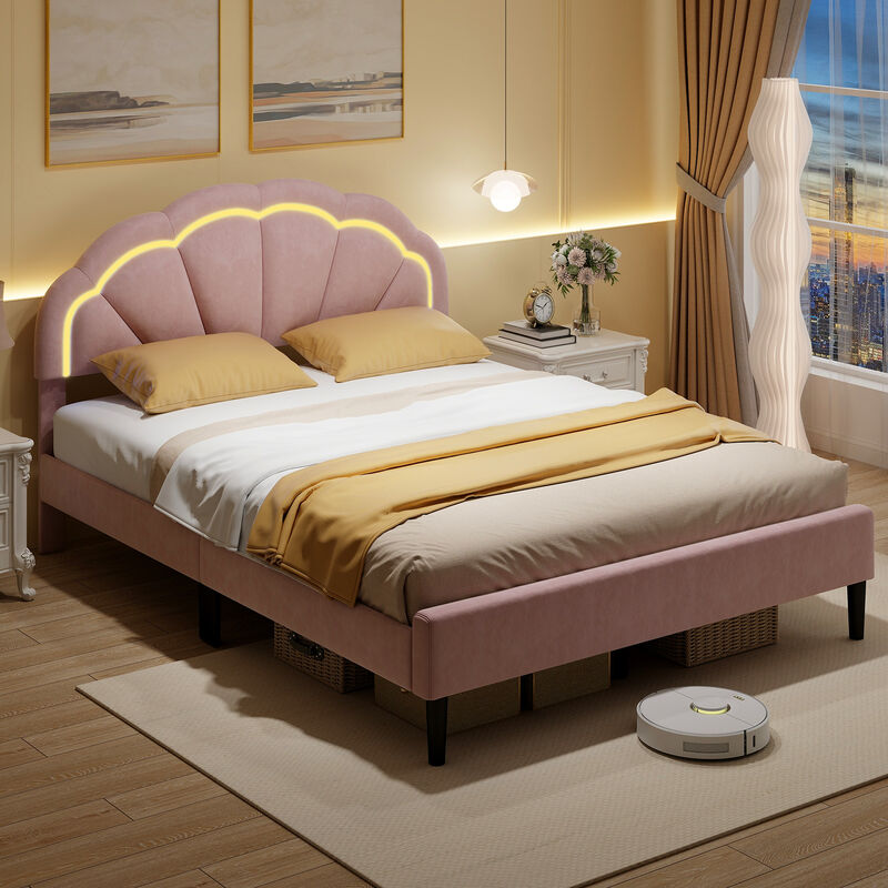 Upholstered LED Bed Frame with Adjustable Flower Headboard