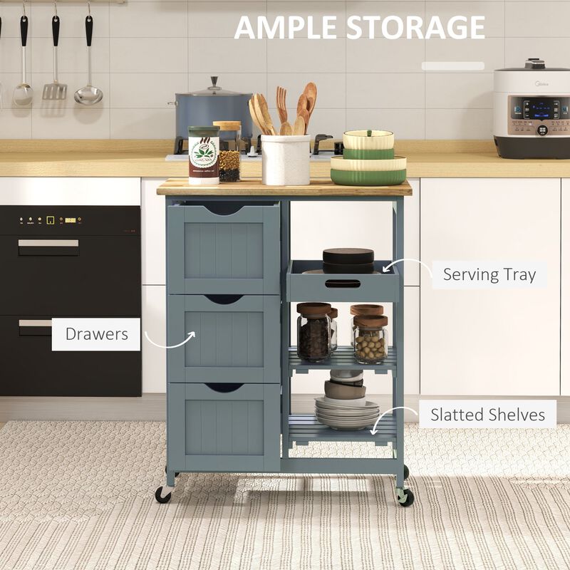 Gray Rolling Kitchen Cart: Wood Top, Shelves, Drawers