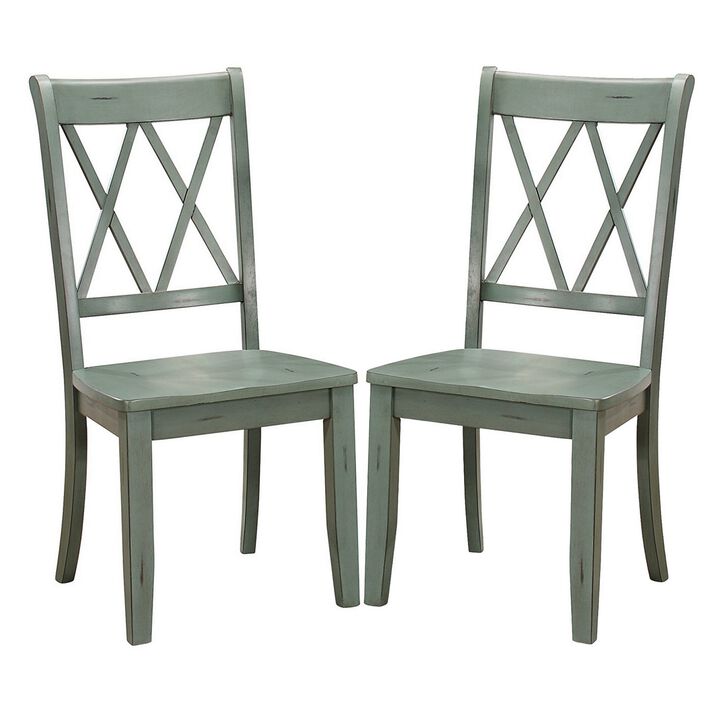Pine Veneer Side Chair With Double X Cross Back, Teal Blue, Set of 2-Benzara