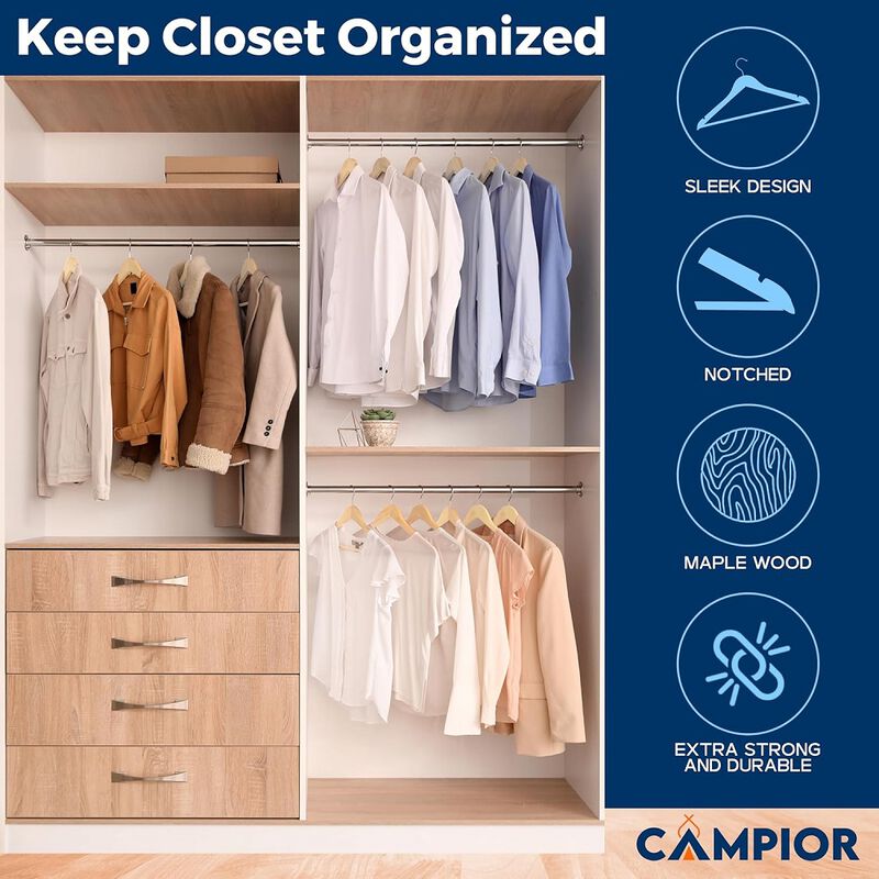 Wooden Clothes Hangers - 50 Pack, Durable, Non-Slip, Space-Saving Hangers for Dresses, Coats, and More, Holds Up to 10 lbs with 360° Swivel Hook, Natural Finish