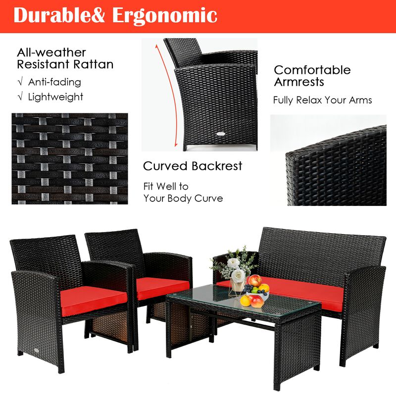4Pcs Patio Rattan Cushioned Furniture Set