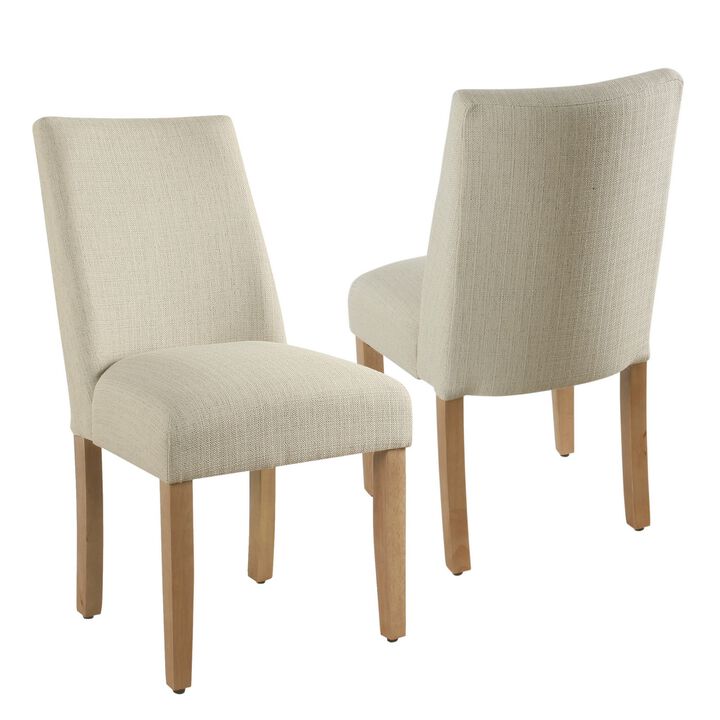 Fabric Upholstered Wooden Dining Chair, Angled Curved Backrest, Beige - Benzara