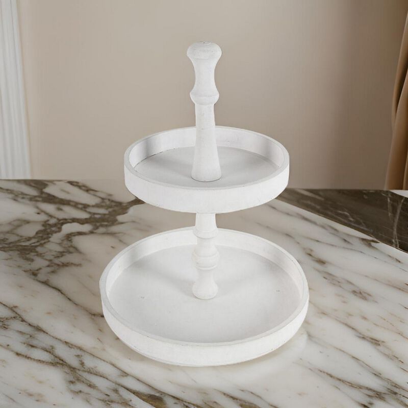 Semy 15 Inch 2 Tier Round Decorative Serving Tray, White Wood Finish - Benzara