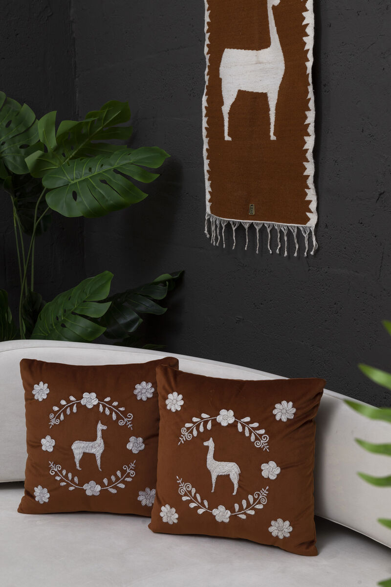 LLAMA Hand Embroidered Decorative Pillows in Terracota Velvet by ANDEAN, Set of 2, In Stock