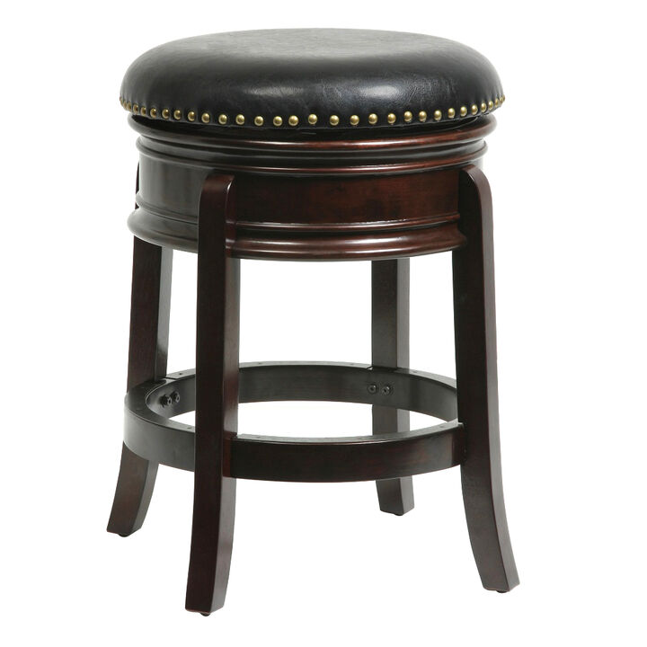Sabi 24 inch Swivel Counter Stool, Solid Wood, Faux Leather, Cappuccino, Brown - Benzara