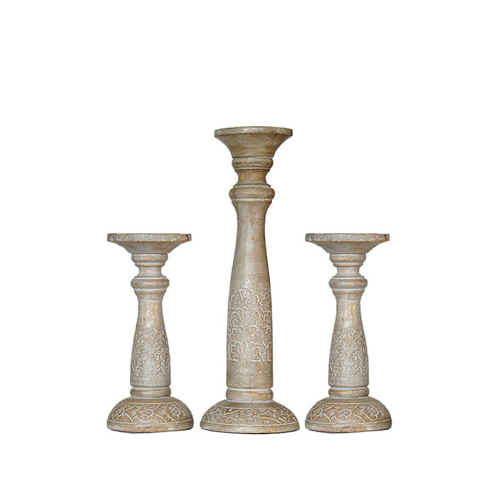 Traditional Gray Wash Eco-friendly Handmade Mango Wood Set Of Three 9",15" & 9" Pillar Candle Holder BBH Homes