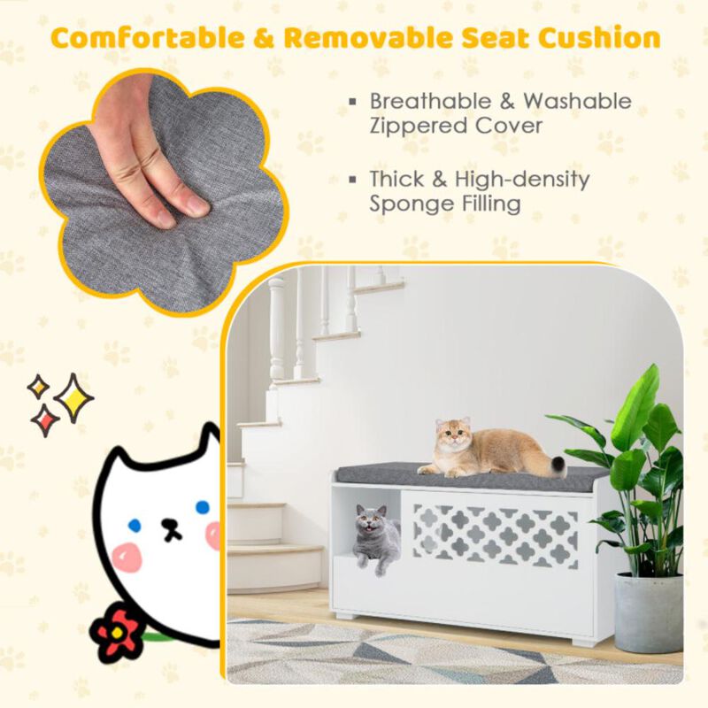 Hivvago Cat Litter Box Enclosure with Removable Cushion and Front Open Door-White