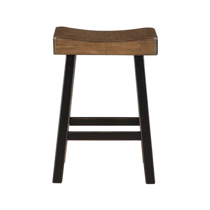 Casy 30 Inch Bar Height Stool, Brown Saddle Seat, Black Rubberwood, Set of 2 - Benzara