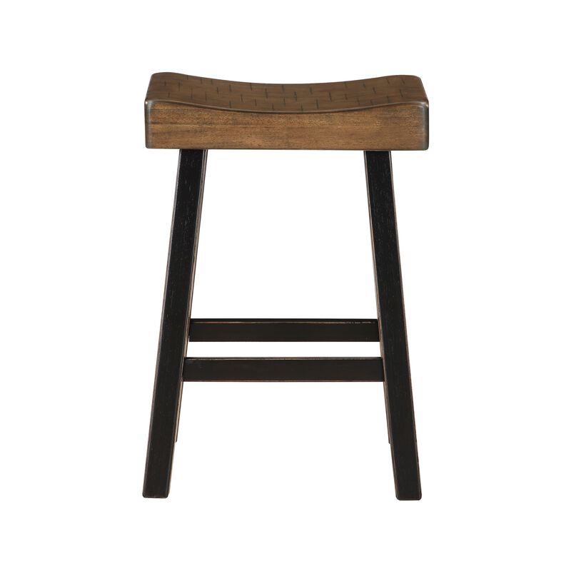 Casy 30 Inch Bar Height Stool, Brown Saddle Seat, Black Rubberwood, Set of 2 - Benzara