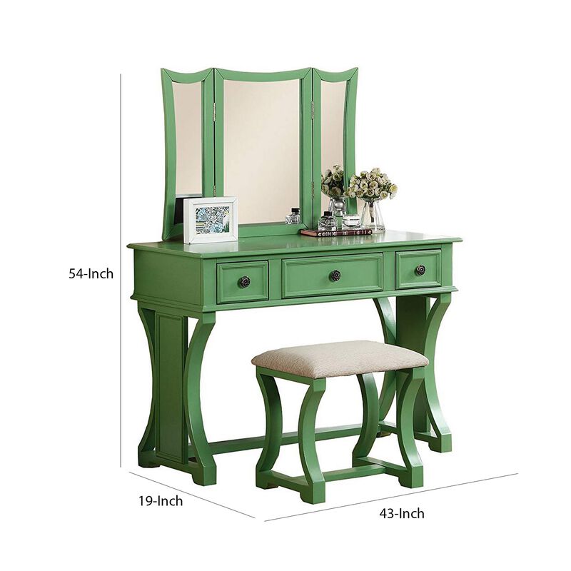 Modish Vanity Set Featuring Stool And Mirror Green-Benzara