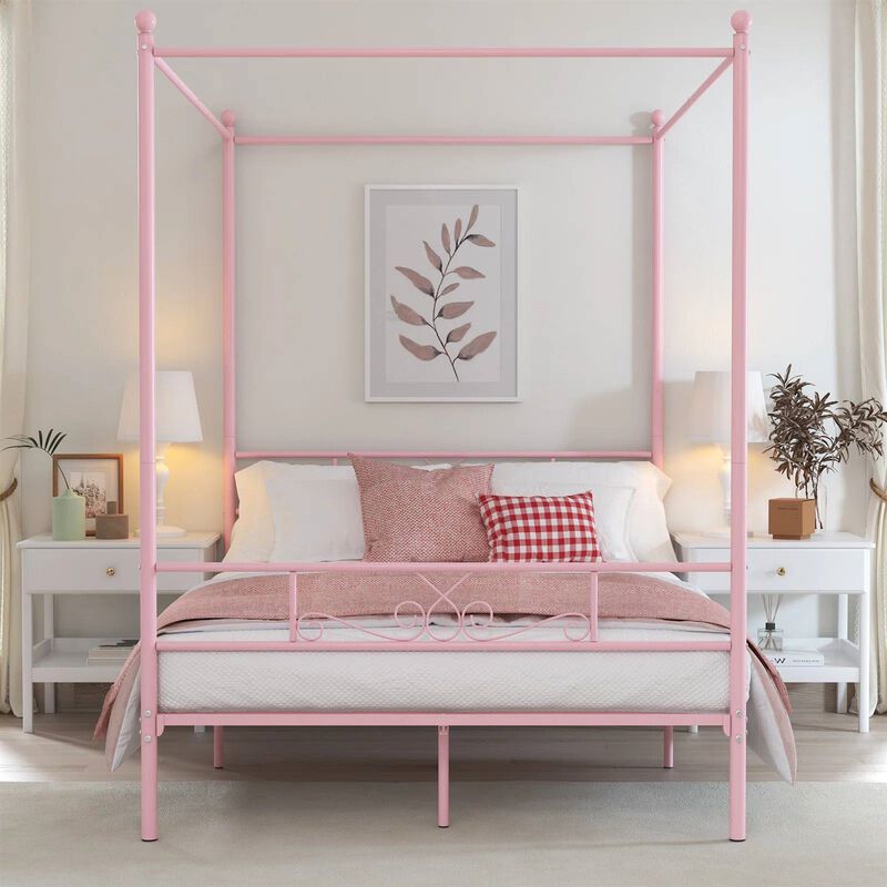 Elegant Four Poster Metal Canopy Bed for Bedroom with Adjustable Size Options