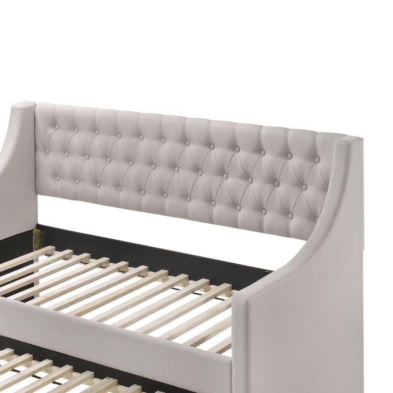 Fabric Twin Size Daybed with Button Tufted Back and Sloped Arms,Light Gray-Benzara