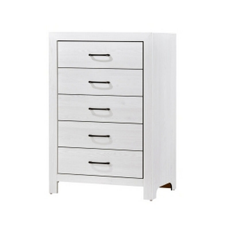 Eby 48 Inch Tall Dresser Chest, 5 Drawers with Black Nickel Handles, White - Benzara