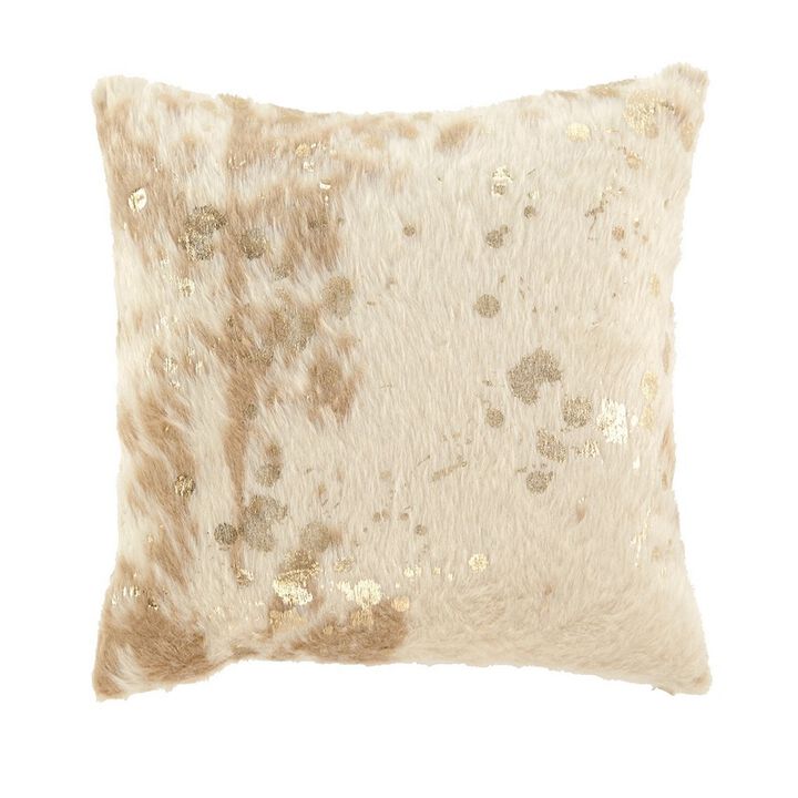 Faux Fur Pillow with Zipper Closure, Set of 4, Cream and Gold-Benzara