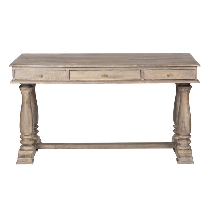 Aurice Writing Desk with Classic Turned Legs 59 Inch, Farmhouse Antique Graywash Mango Wood