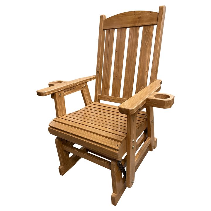 Wooden Patio Glider for One Person, with High Back and Deep Contoured Seat, Solid Fir Wood, Heavy Duty 600 LBS (Teak Tone)