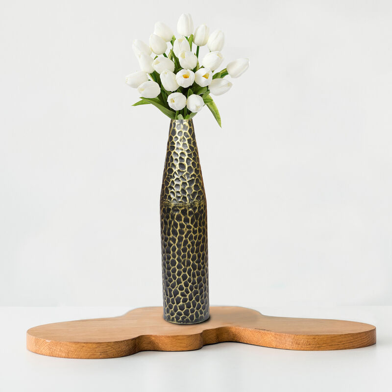Hammered Metal Decorative Centerpiece Flower Table Vase Two Tone Black and Gold 20 Inch