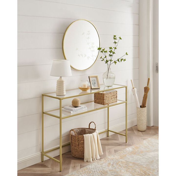 Modern Console Table with Tempered Glass & Metal Frame - Gold, 2 Shelves