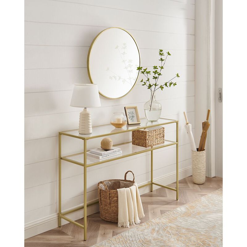 Modern Console Table with Tempered Glass & Metal Frame - Gold, 2 Shelves