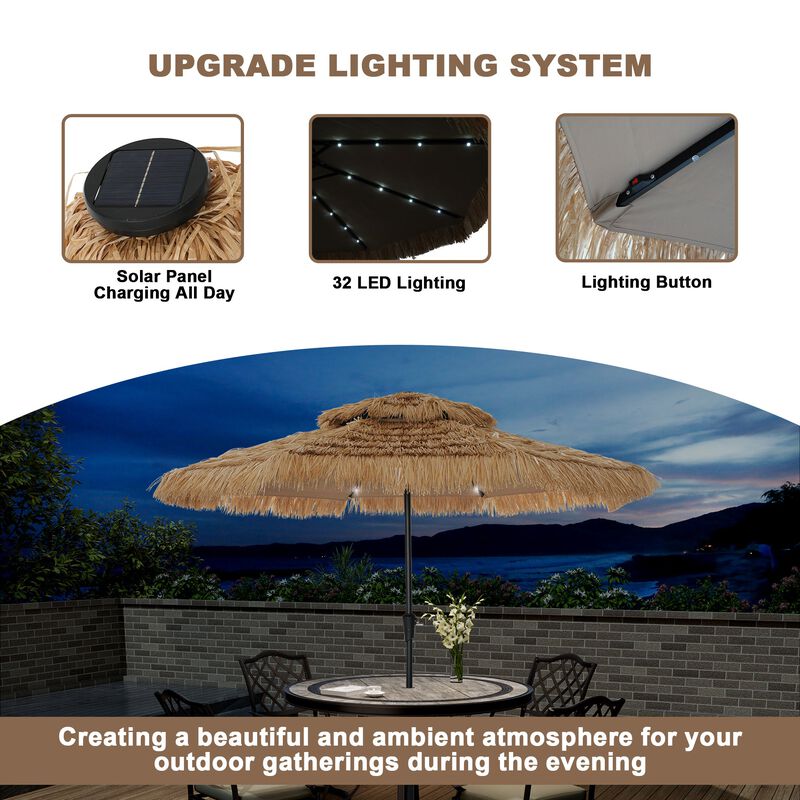 Mondawe 10 ft Hawaiian Crank Design 2 Tier Straw Patio Umbrella with LED Light & Round Based