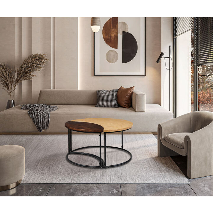 35 Inch 2 Piece Coffee Table with Black Iron Frame, 2 Tone Mango Wood Top In Natural Brown and Walnut - Benzara