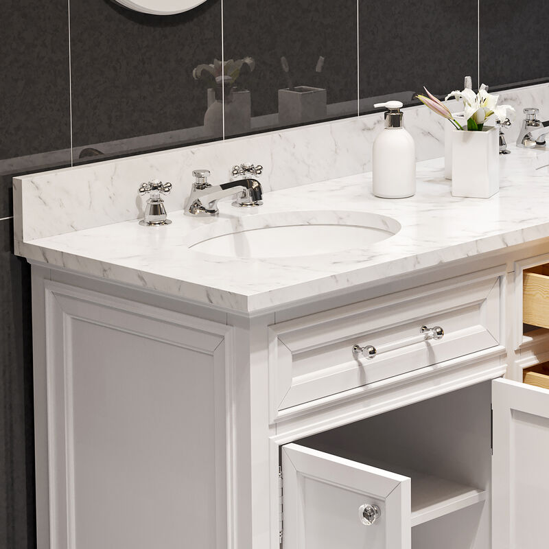 Derby 60 In. Double Sink Carrara White Marble Countertop Bath Vanity In Pure White