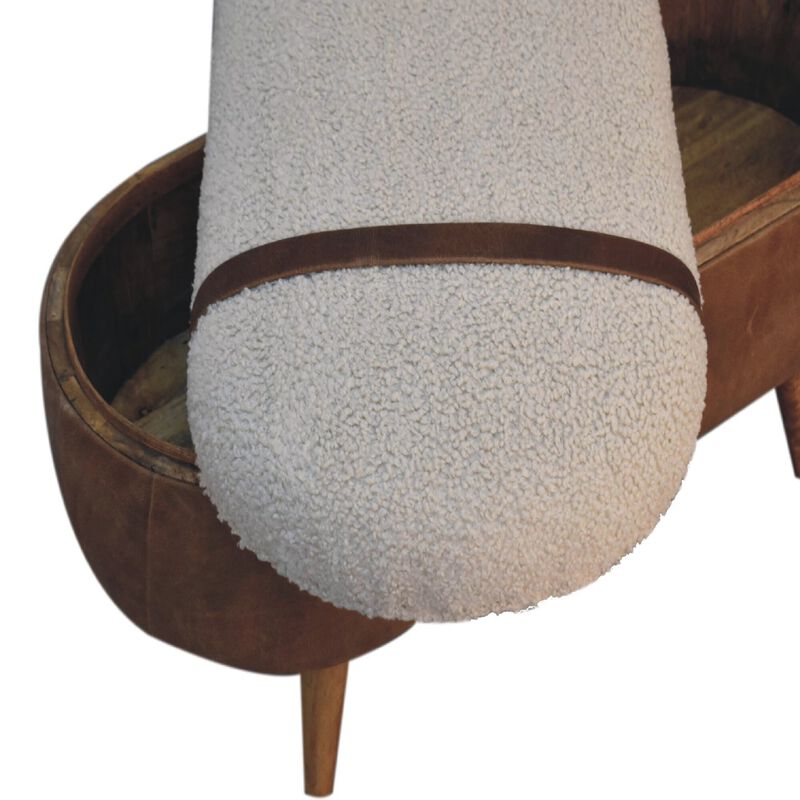 Solid Wood Tan Bufallo Leather Boucle Nordic Bench