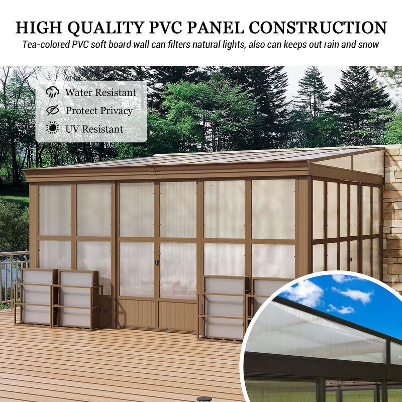 MONDAWE Lean to Sunroom 12x14FT Wall Mounted Solarium with Sloping Roof, Detachable Screens, 2 Lockable Sliding Doors