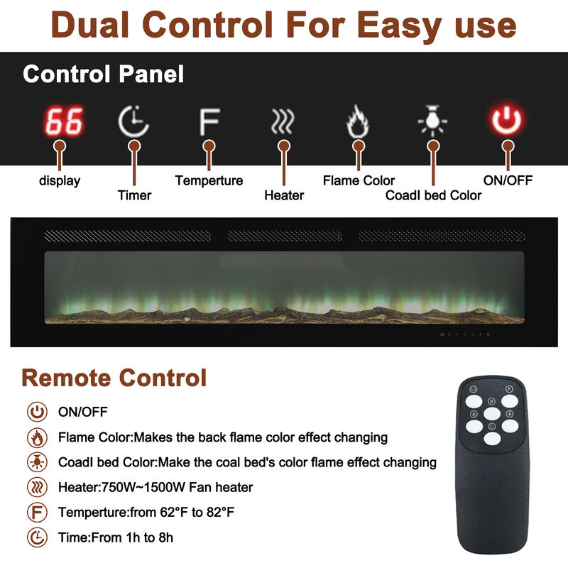 MONDAWE 72" Recessed Wall-Mounted Electric Fireplace 5000 BTU Heater with Remote Control