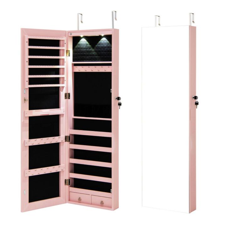 Hivvago Wall and Door Mounted Mirrored Jewelry Cabinet with Lights