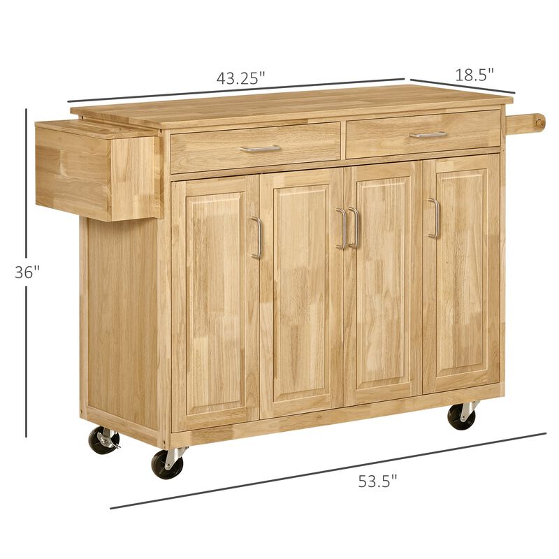 Natural Kitchen Island: 54" Wide Cart with Drawers and Tool Caddy