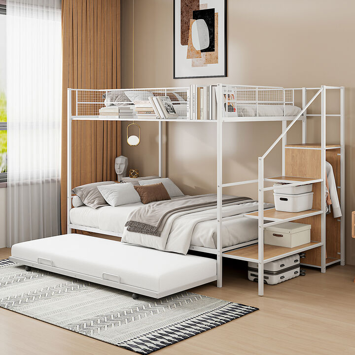 Merax Metal Bunk Bed with Trundle and Wardrobe