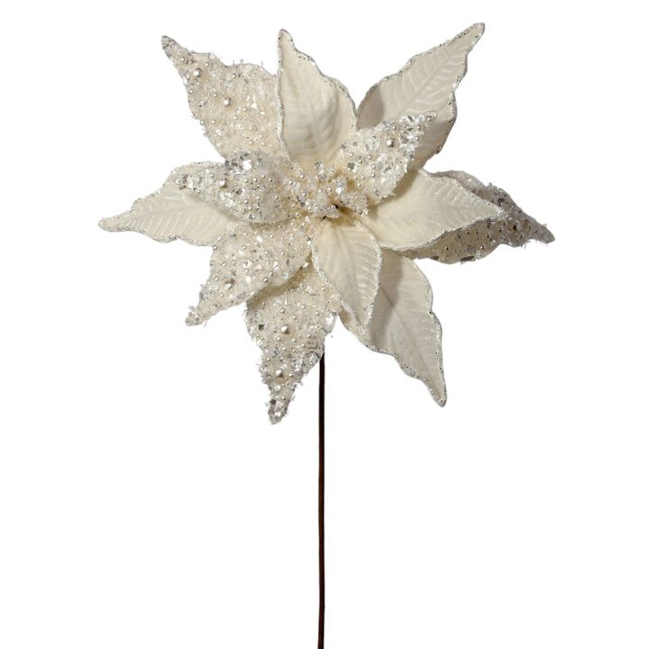 22" Ivory/White Velvet with Pearl Poinsettia (3PCS) - Elegant Christmas Floral Decoration