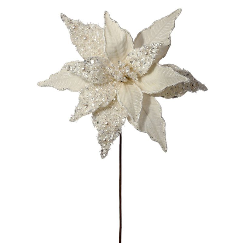 22" Ivory/White Velvet with Pearl Poinsettia (3PCS) - Elegant Christmas Floral Decoration