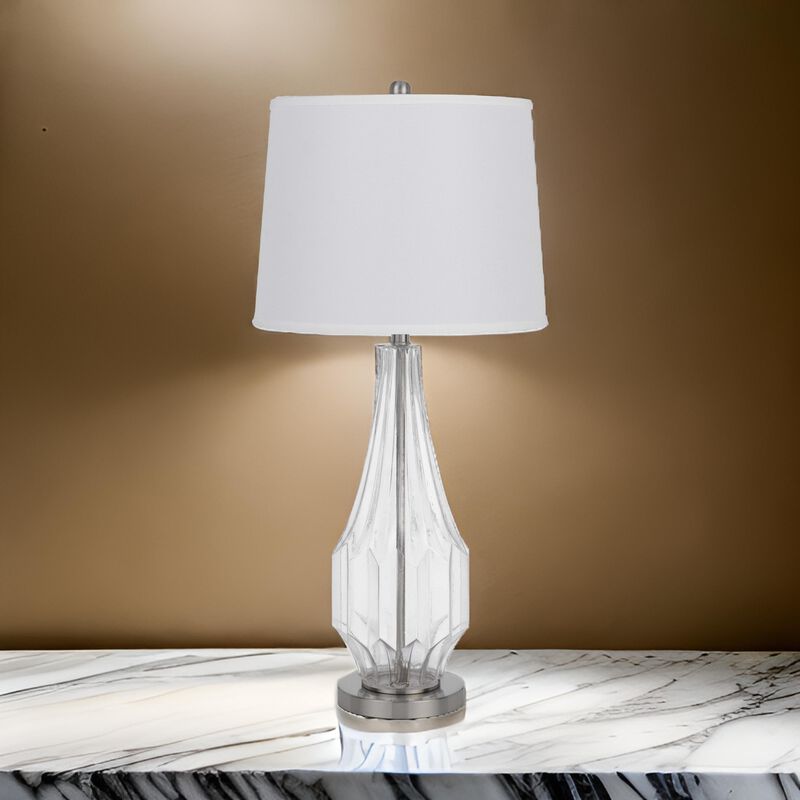 34 Inch Table Lamp Set of 2, White Drum Shade, Glass, Round Metal Base - Benzara