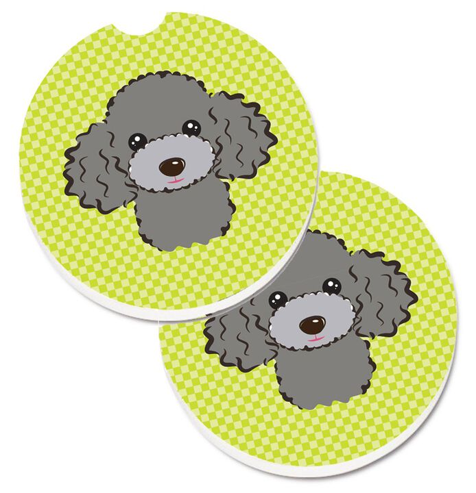 Caroline's Treasures Checkerboard Lime green Silver Gray Poodle Set of 2 Cup Holder Car Coasters BB1321CARC, 2.56, Multicolor