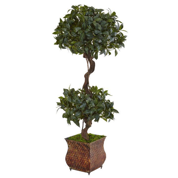 Hivvago 4.5 Feet Sweet Bay Double Topiary Tree in Metal Planter