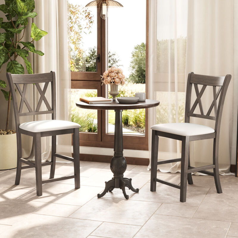Set of 2 Bar Stools with Cross Back and Linen Fabric Upholstered Seat
