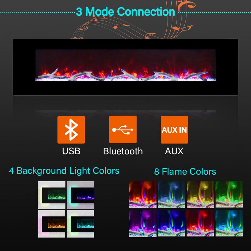 72 Inch 1500W Wall-Mount Fireplace with Multicolor Flame