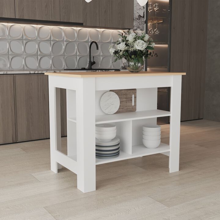 Delos Kitchen Island 35.4" H, with 3 Shelves, White / Mahogany