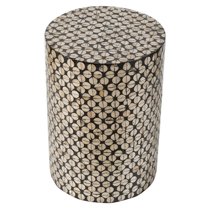 20 Inch Stool Table, Round Wood Design, Modern, Capiz Inlay, Black, White - Benzara