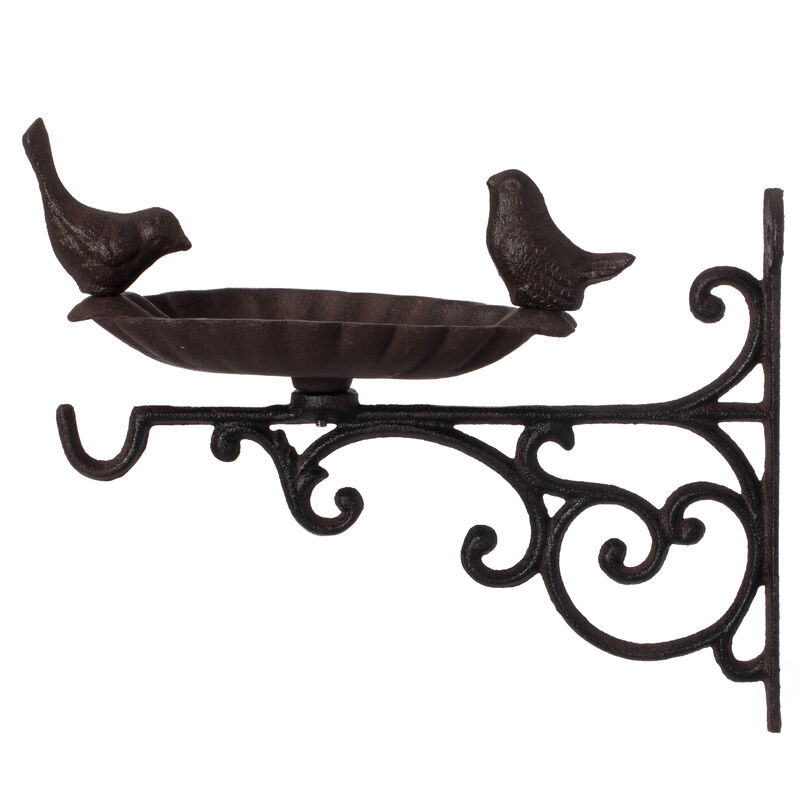 Outdoor Garden Wall Mounted Hanging Iron Bird Bath and Feeder Decor, Bronze