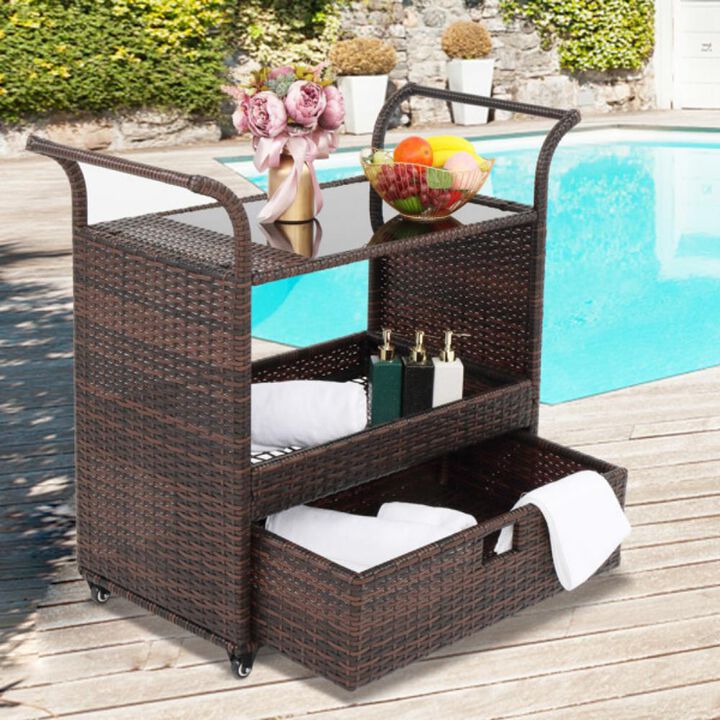 Outdoor Patio Serving Bar Cart Rolling Beverage Cart with Storage for Drinks & Snacks