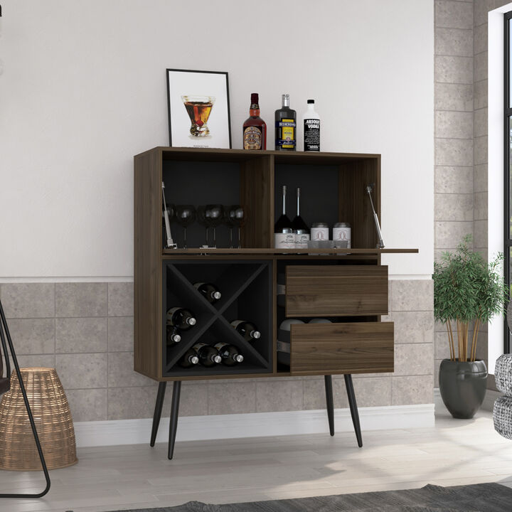 DEPOT E-SHOP Thistle Bar Two Drawers, Four Double Racks, Single Cabinet, Mahogany / Black