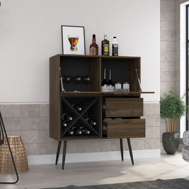 DEPOT E-SHOP Thistle Bar Two Drawers, Four Double Racks, Single Cabinet, Mahogany / Black