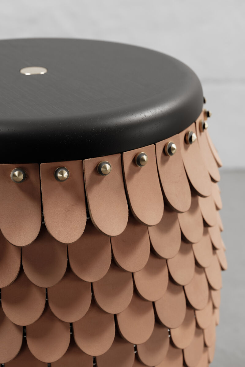 SITIERA_01 Solid Wood Stool, with Natural Thick Leather Accents, and Aged Bronze by ANDEAN, In Stock
