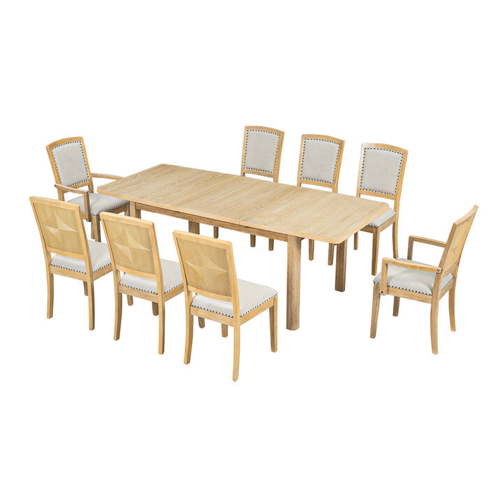 9-Piece Rustic Dining Set with 24" Leaf, 8 Chairs, Natural Finish