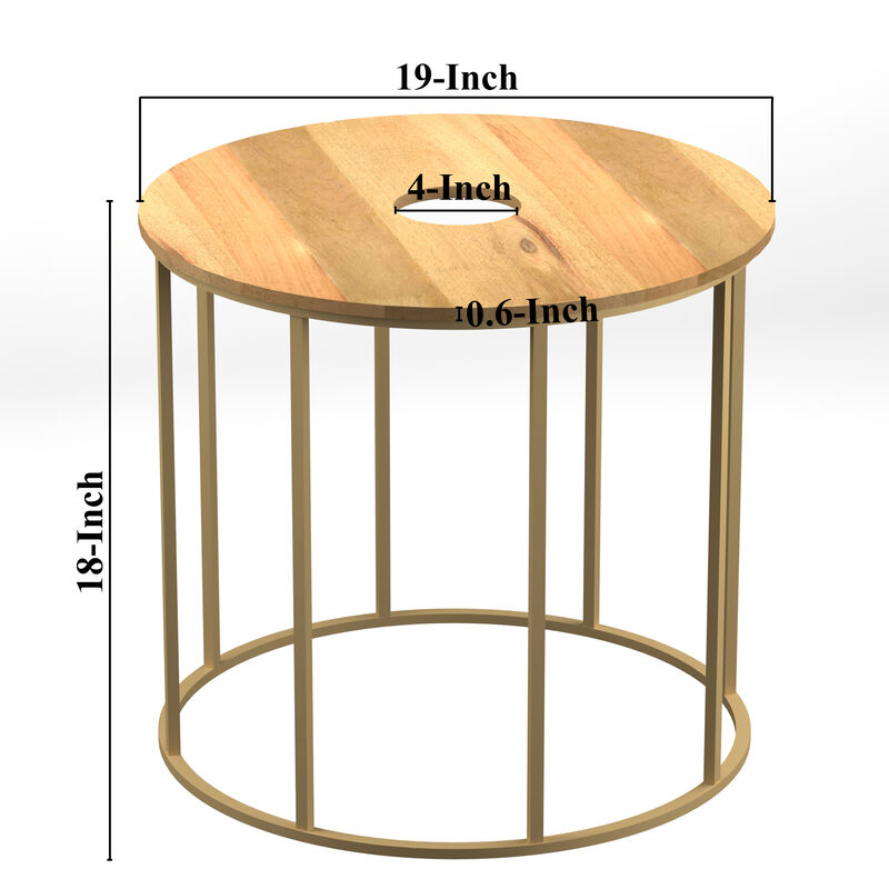 19 Inch Side End Table, O Round Shape Natural Mango Wood Top, Brass Powder Coated Open Frame