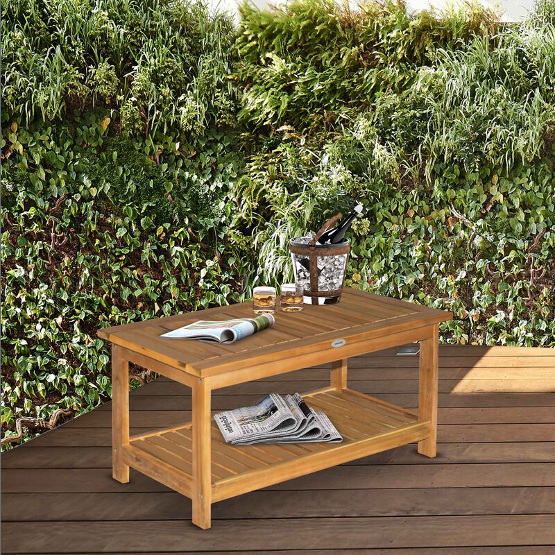 Backyard & Deck Wooden Tea Table w/ Simply Elegant Design & Two Storage Surfaces