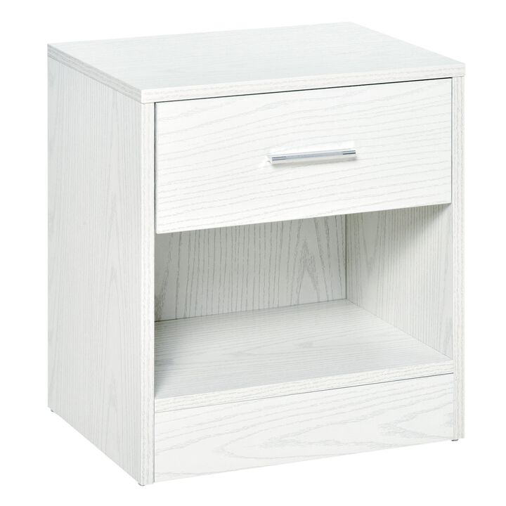 White Wood Bedside Table: Modern Nightstand with Drawer and Shelf